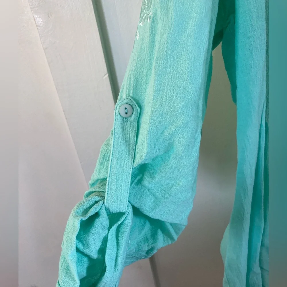 NWT soft surroundings 2X button down blouse roll tab sleeves aqua - Picture 4 of 10